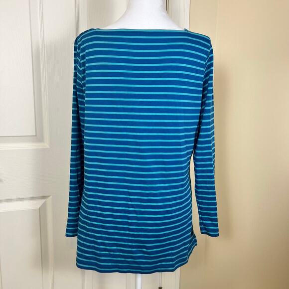 L.L. Bean 100% Pima Cotton Square Neck Long Sleeve Top Blue Turquoise Stripe MED - Picture 4 of 6